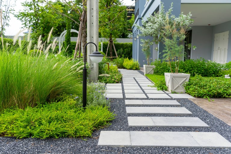 Modern patio and walkway with brick border and pathway