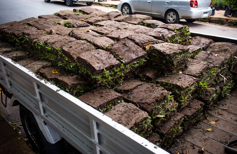 Fresh grass turf sod loaded in utility truck