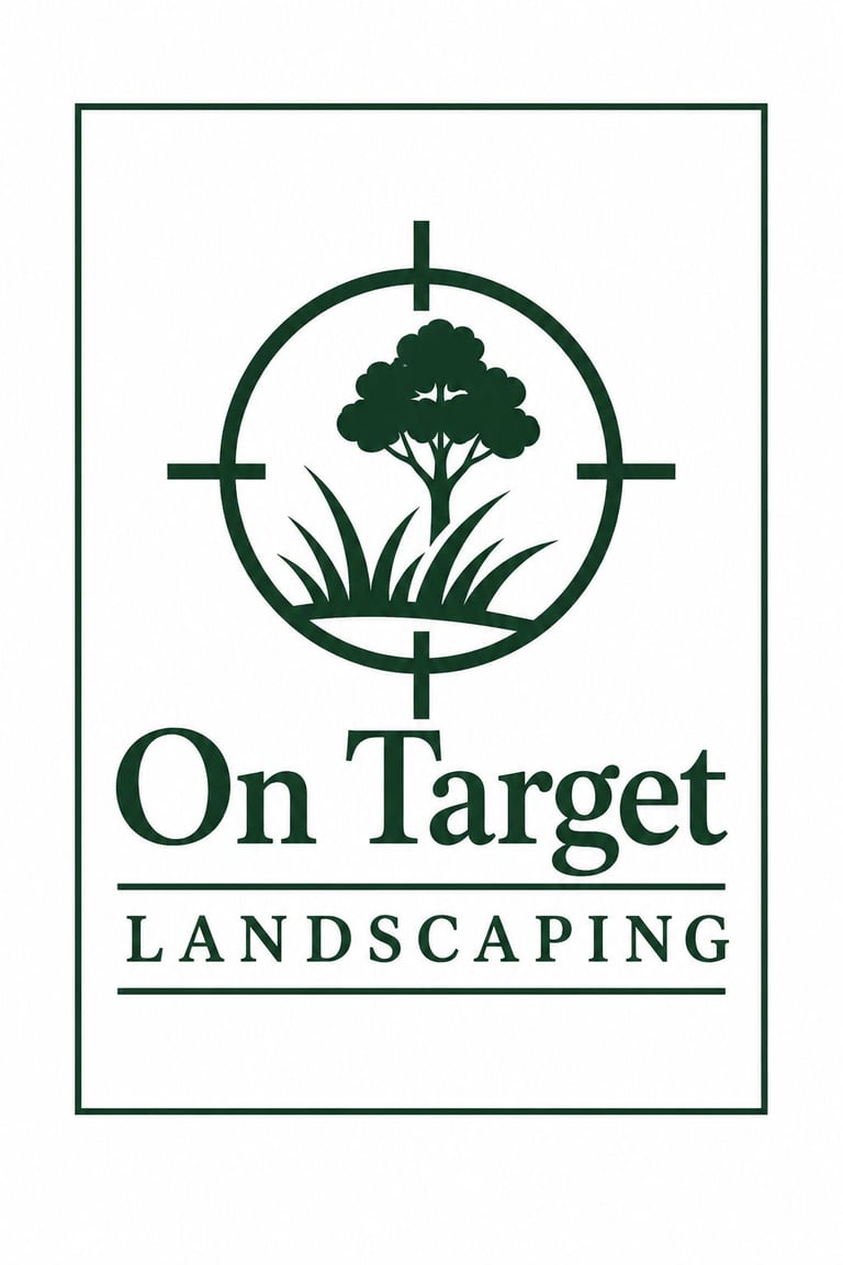 On Target Landscaping logo featuring a tree and grass within a crosshair circle, with dark green text on white background