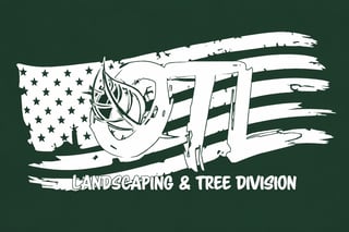 Logo for landscaping and tree division service featuring a smiling character with a chainsaw and American flag design